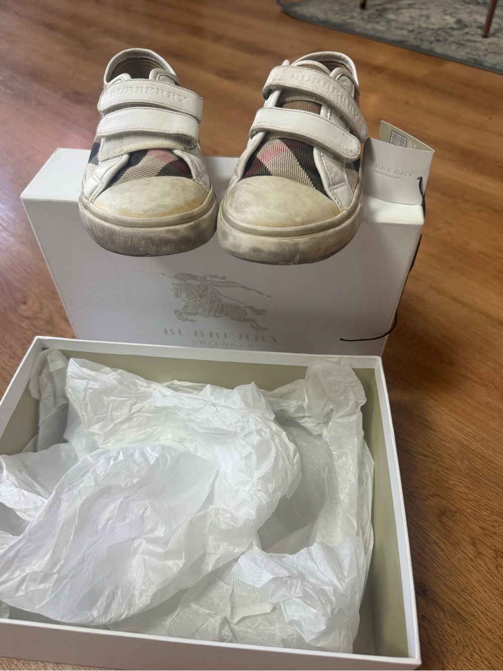 Burberry Kids Beige, White and Black Check Velcro Sneakers